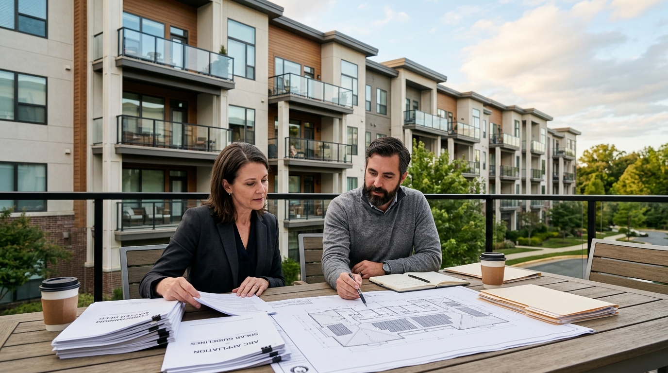 Photorealistic editorial photograph representing "Condo boards: master deed vs. HB 395" — Virginia balcony solar law guide