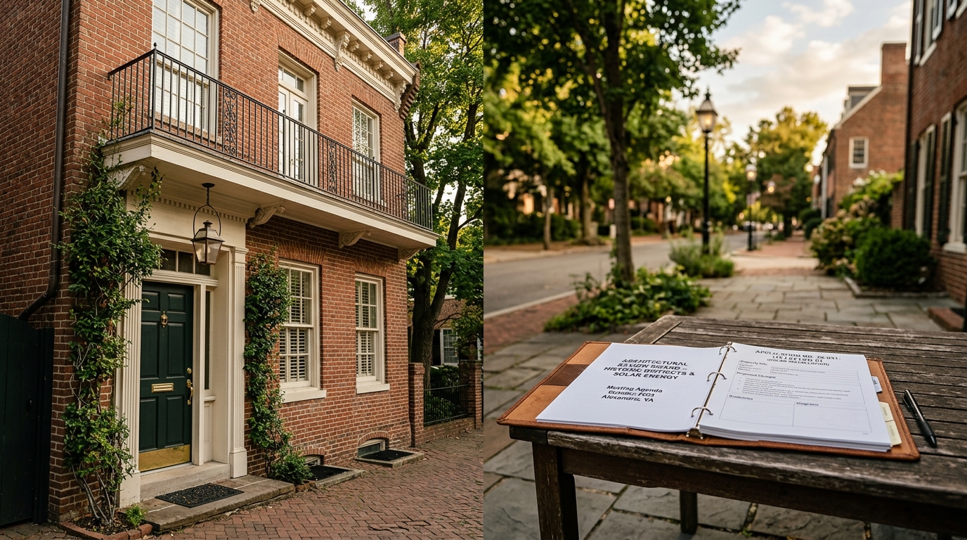 Photorealistic editorial photograph representing "Historic districts and architectural review" — Virginia balcony solar law guide