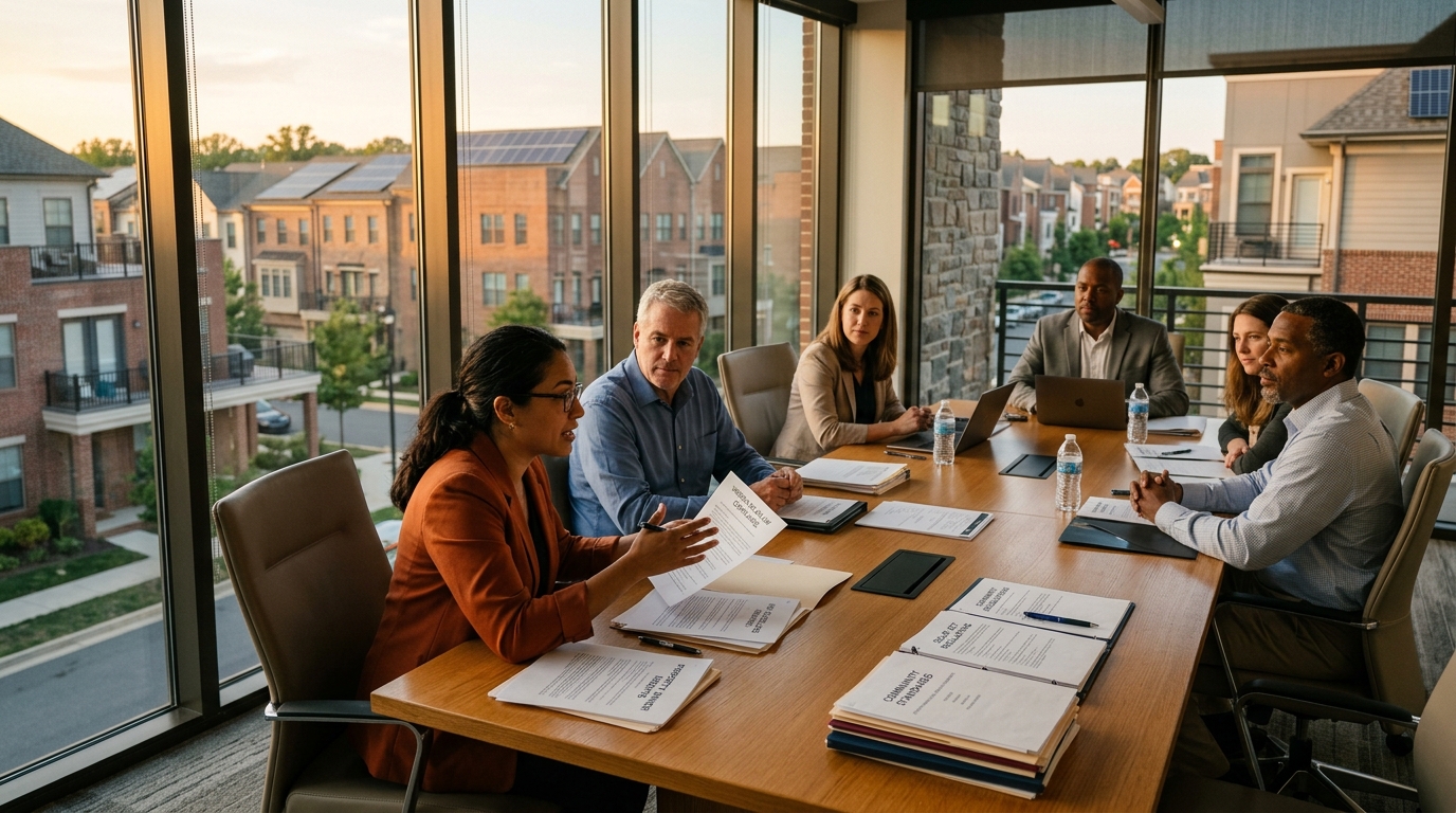 Photorealistic editorial photograph representing "HOA authority under HB 395, step by step" — Virginia balcony solar law guide