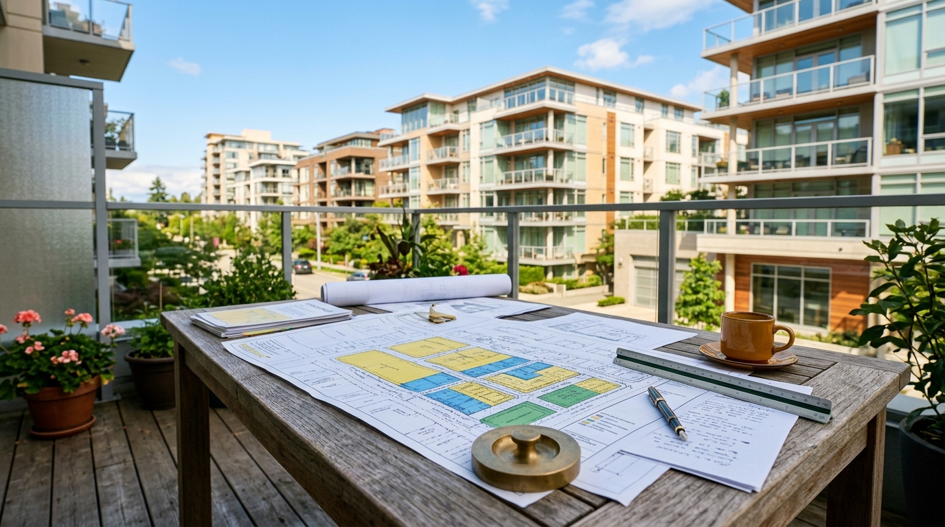 Photorealistic editorial photograph representing "Zoning exceptions and setback questions" — Virginia balcony solar law guide