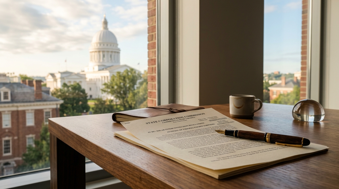 Photorealistic editorial photograph representing "SCC notification form tracker" — Virginia balcony solar law guide