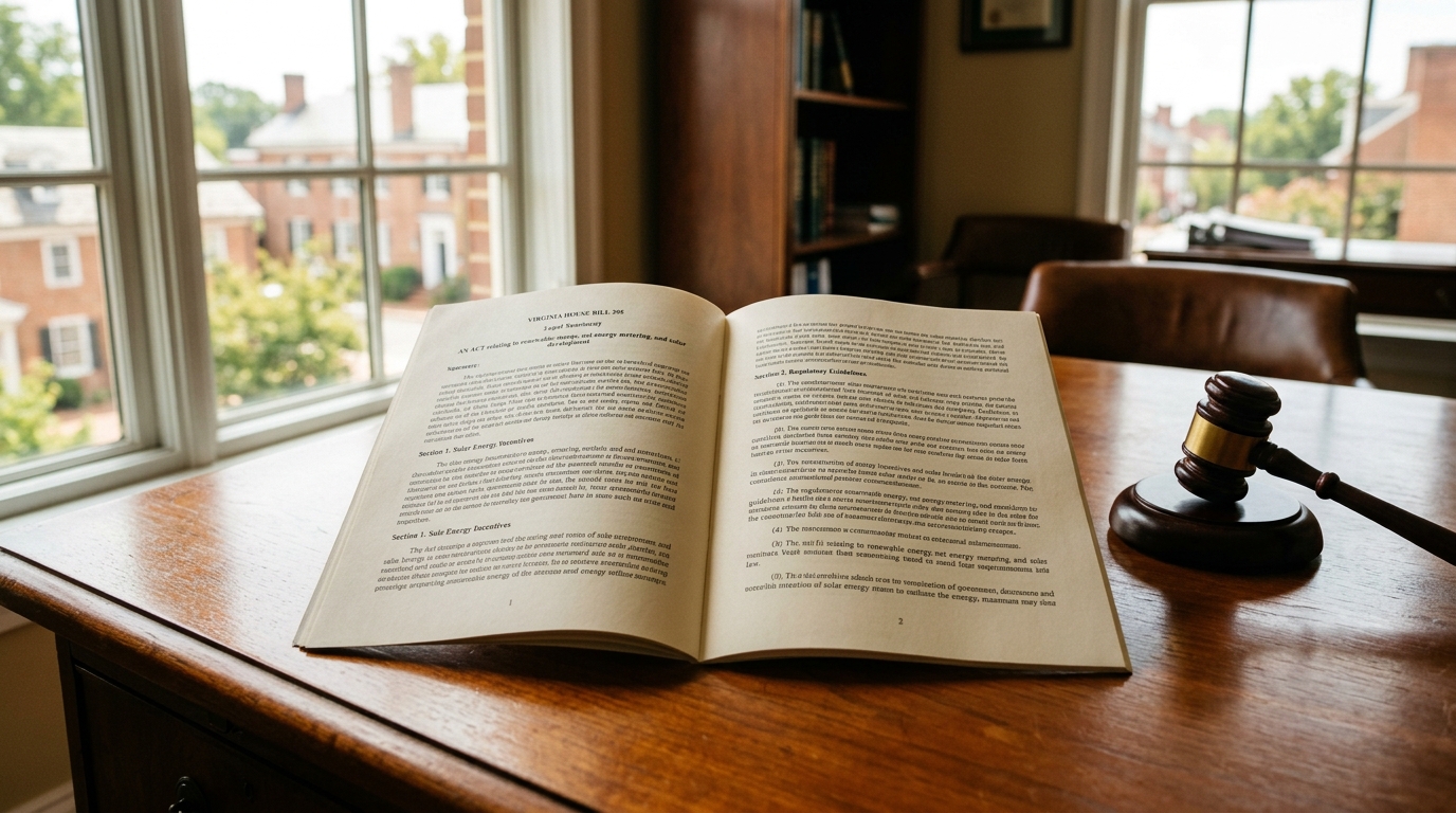 Photorealistic editorial photograph representing "Section-by-section summary of HB 395" — Virginia balcony solar law guide