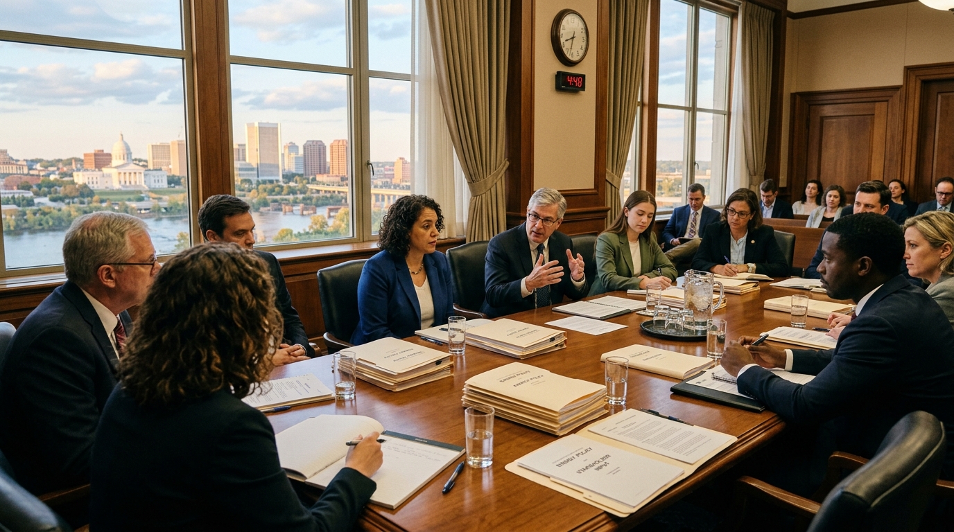 Photorealistic editorial photograph representing "Stakeholder work group: who is at the table" — Virginia balcony solar law guide