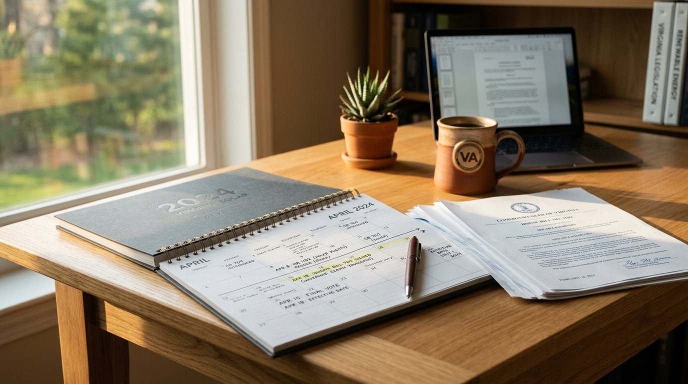 Photorealistic editorial photograph representing "HB 395 timeline: July 2026 vs. January 2027 explained" — Virginia balcony solar law guide