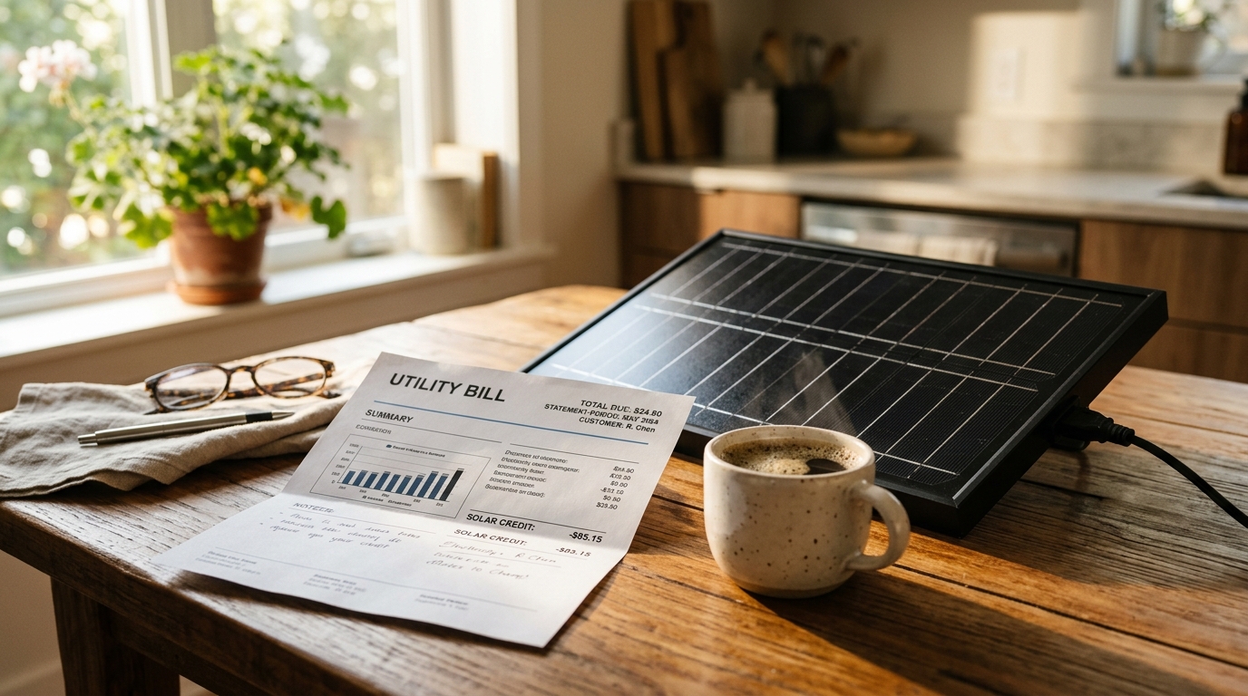 Photorealistic editorial photograph representing "How much can you save with balcony solar in Virginia?" — Virginia balcony solar law guide