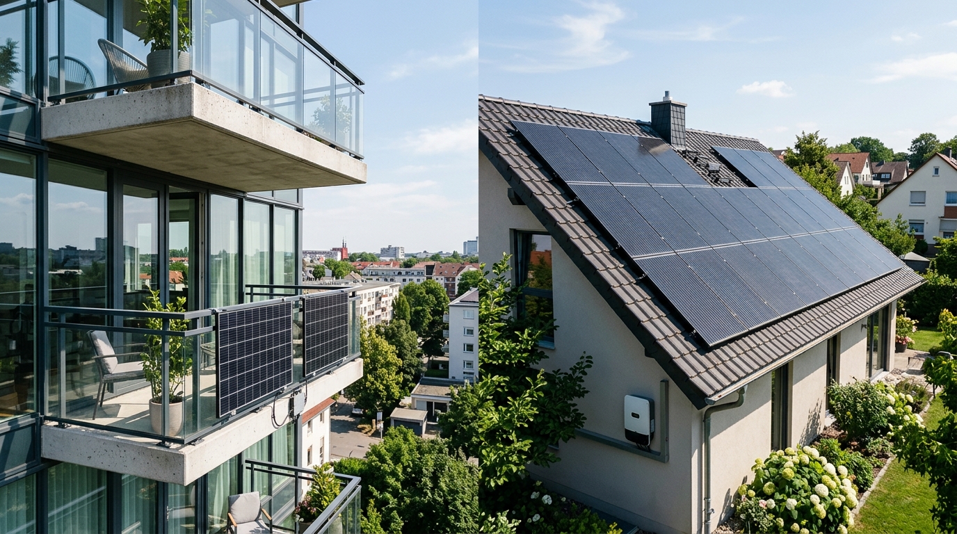 Photorealistic editorial photograph representing "Plug-in vs. full rooftop solar" — Virginia balcony solar law guide