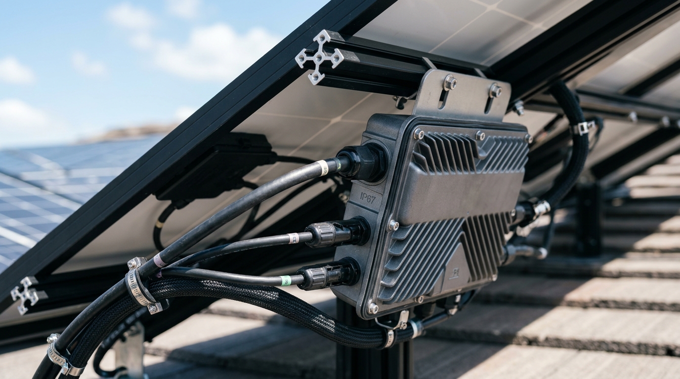 Photorealistic editorial photograph representing "Microinverters vs. string inverters" — Virginia balcony solar law guide