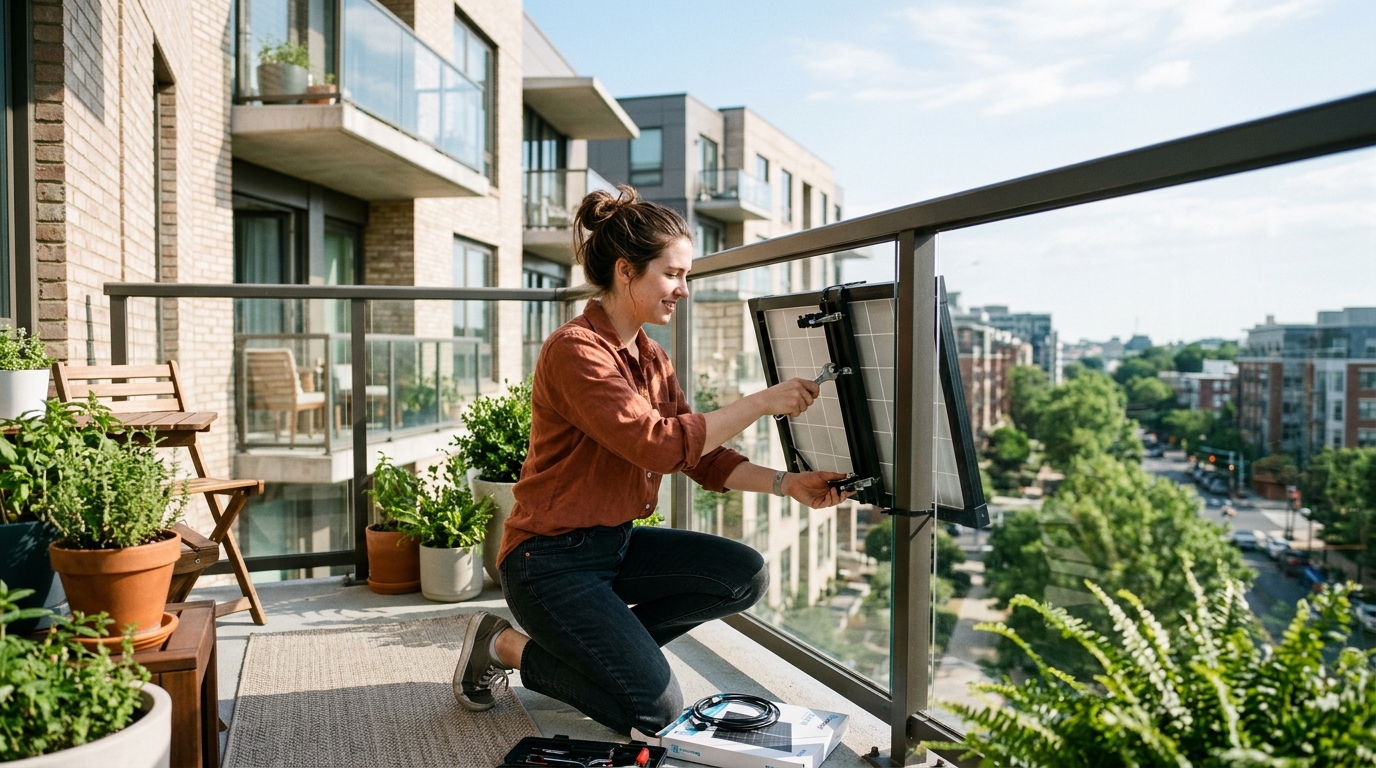 Photorealistic editorial photograph representing "Can your landlord ban plug-in balcony solar in Virginia?" — Virginia balcony solar law guide
