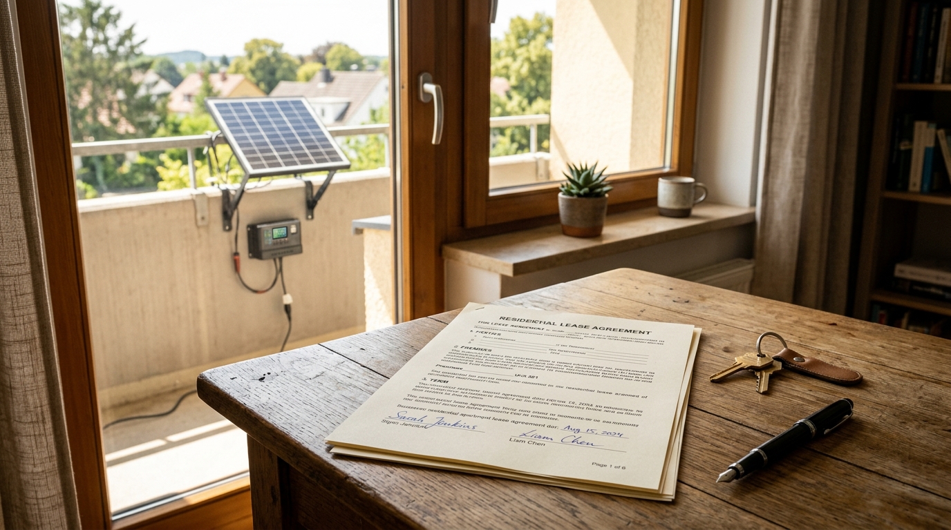 Photorealistic editorial photograph representing "Lease language to watch for in 2027" — Virginia balcony solar law guide