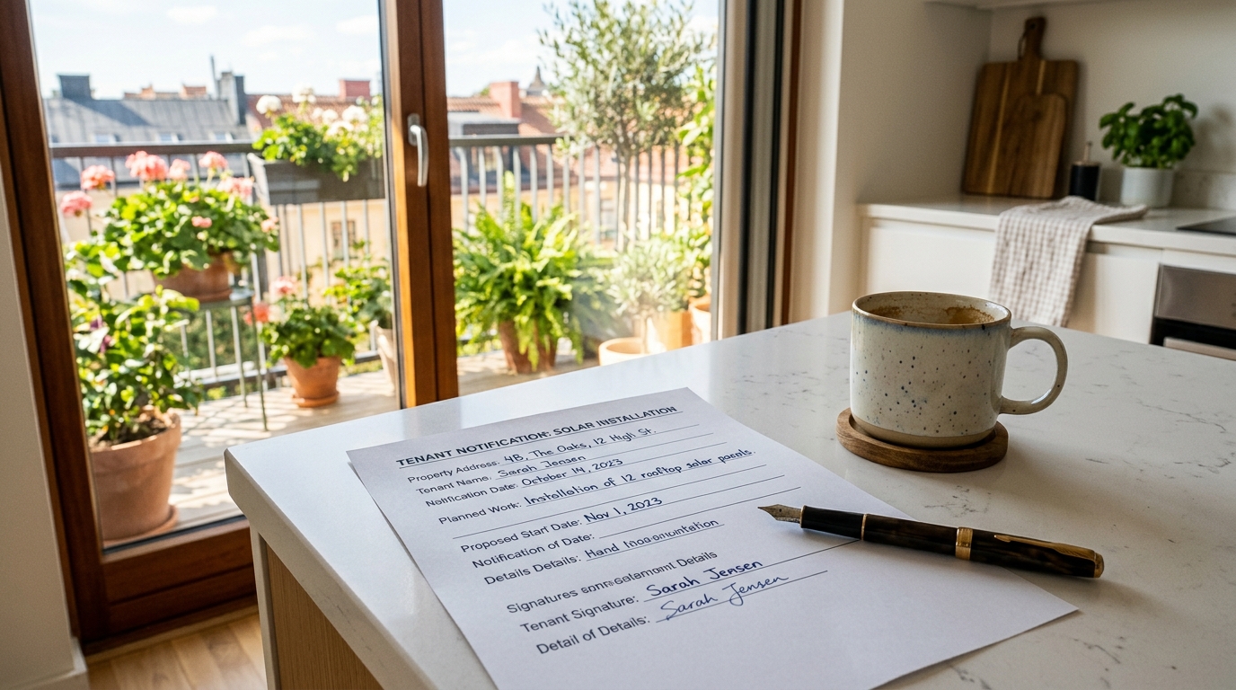 Photorealistic editorial photograph representing "How to give your landlord proper written notice" — Virginia balcony solar law guide