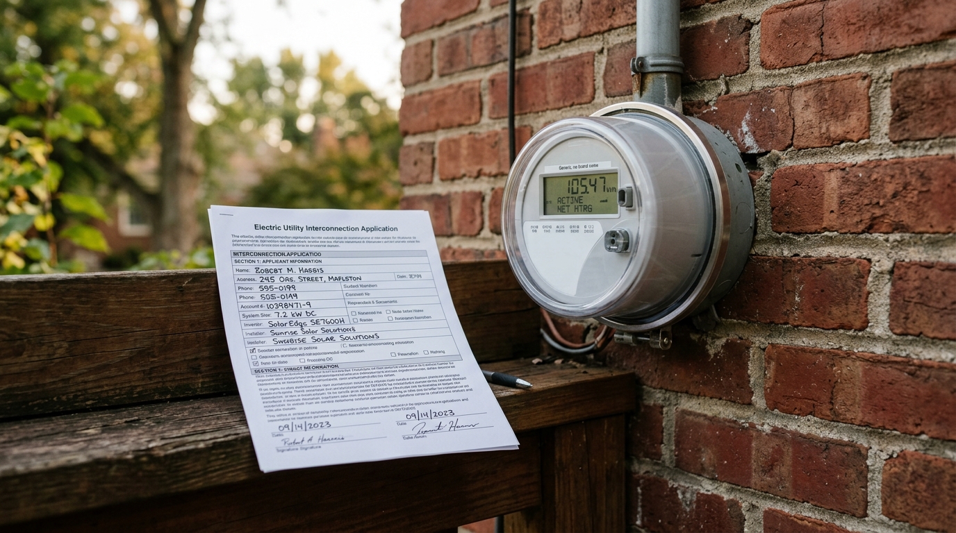 Photorealistic editorial photograph representing "Dominion Energy: notification and meter behavior" — Virginia balcony solar law guide